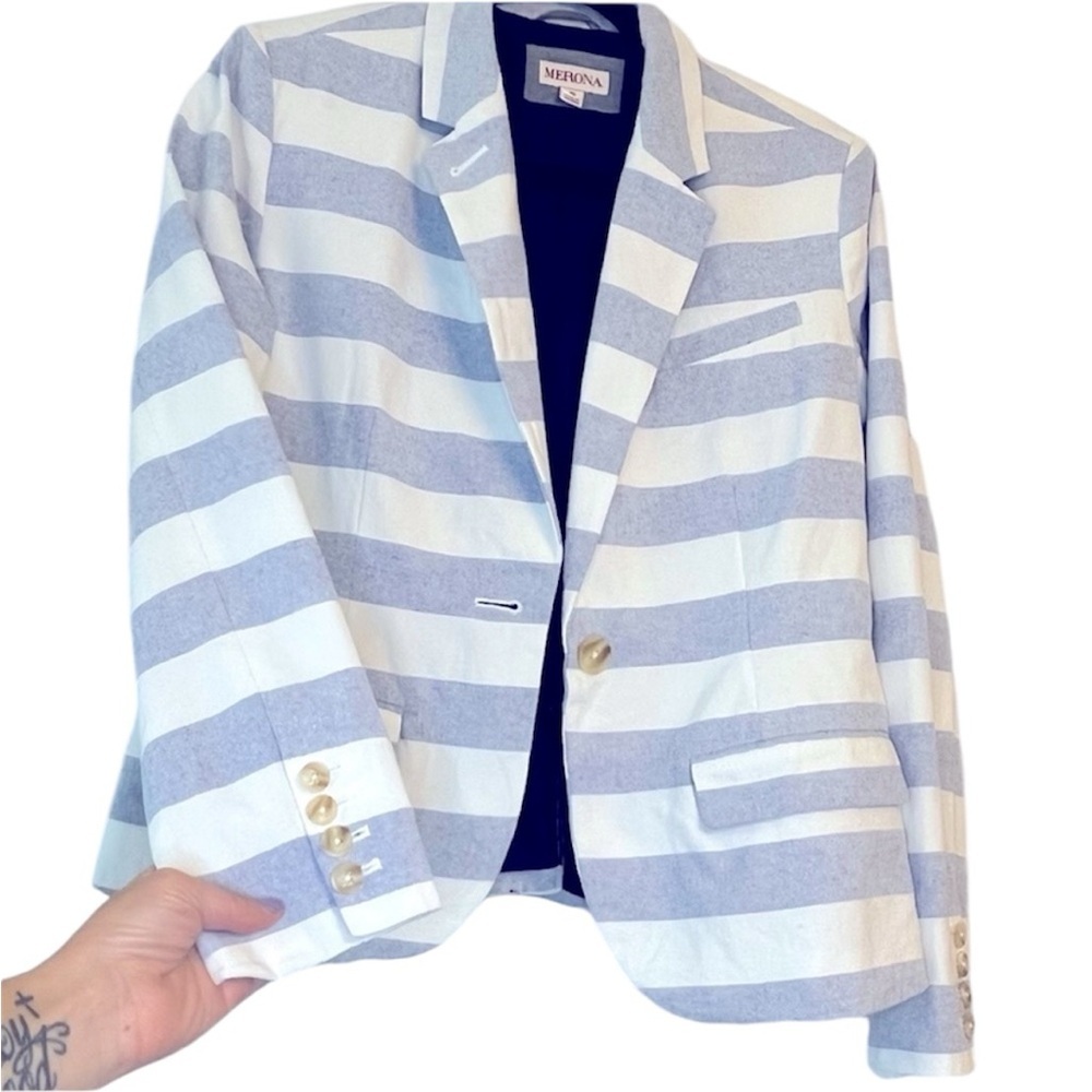 Merona Lined Chambray Blue and White Stripe Cotton Button Blazer Size 10 - Picture 5 of 11